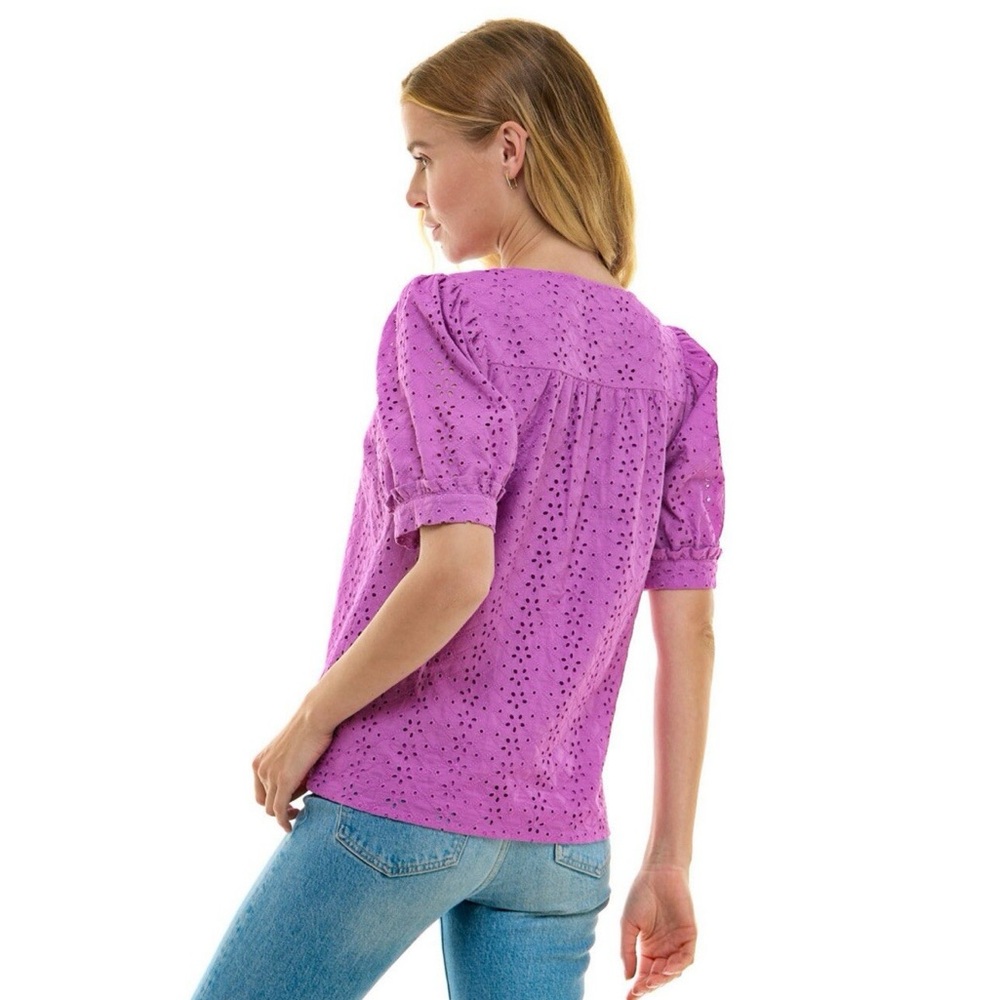 2piece Tan Ankle Cropped Pants and Draper James Boxy Purple Puff Sleeve Blouse - Picture 5 of 7